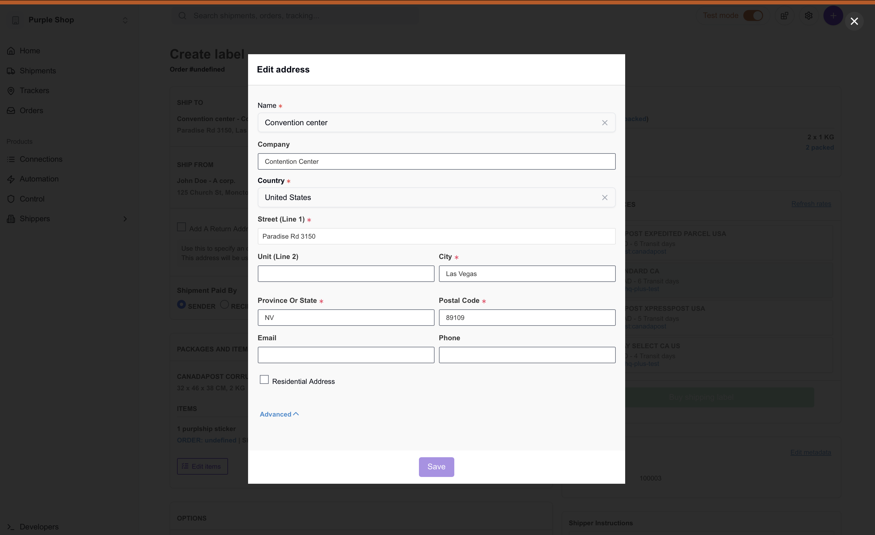 Address entry form with recipient and shipper information