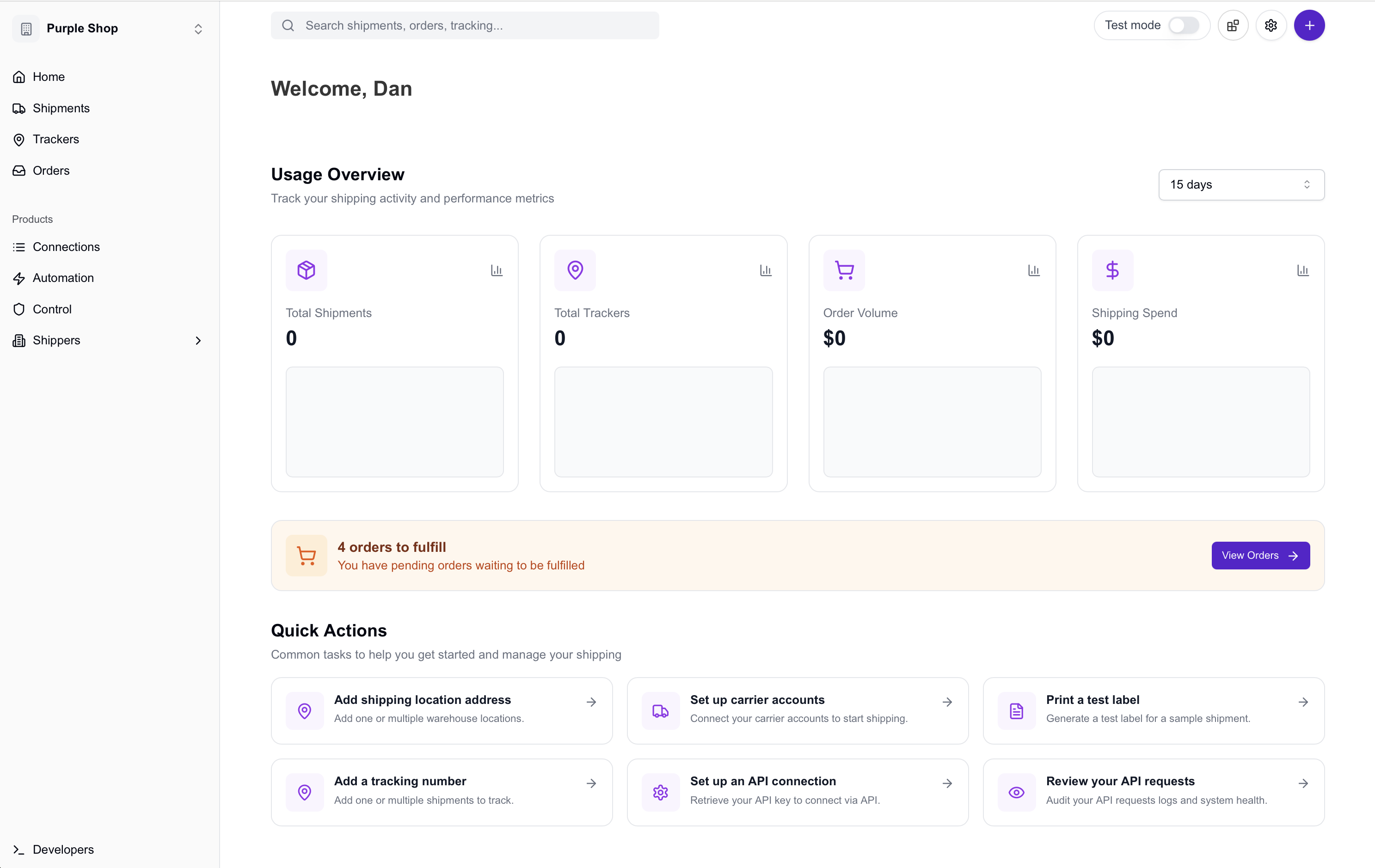 Karrio dashboard showing main navigation and quick actions