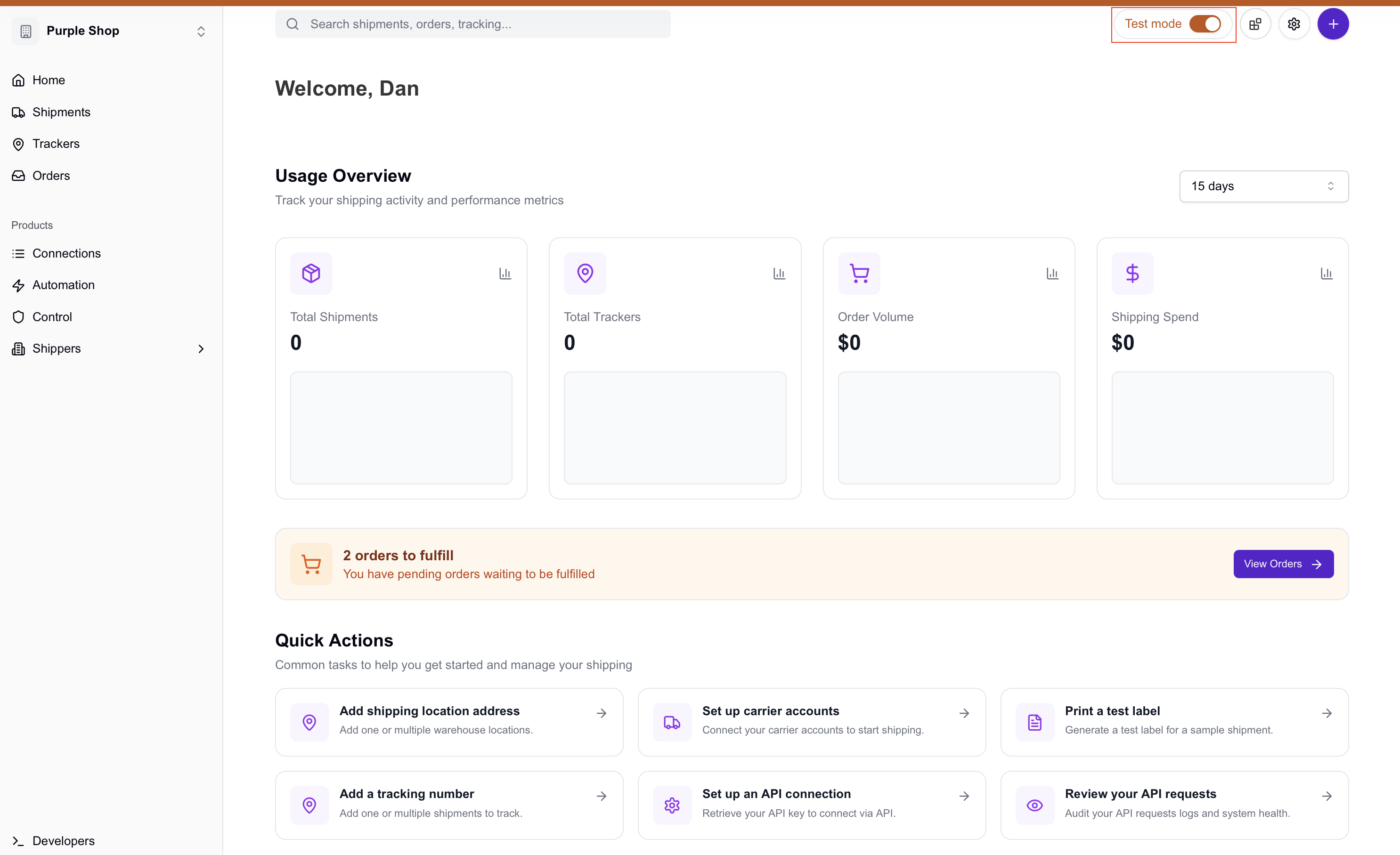 Dashboard showing test mode toggle and live mode indicator