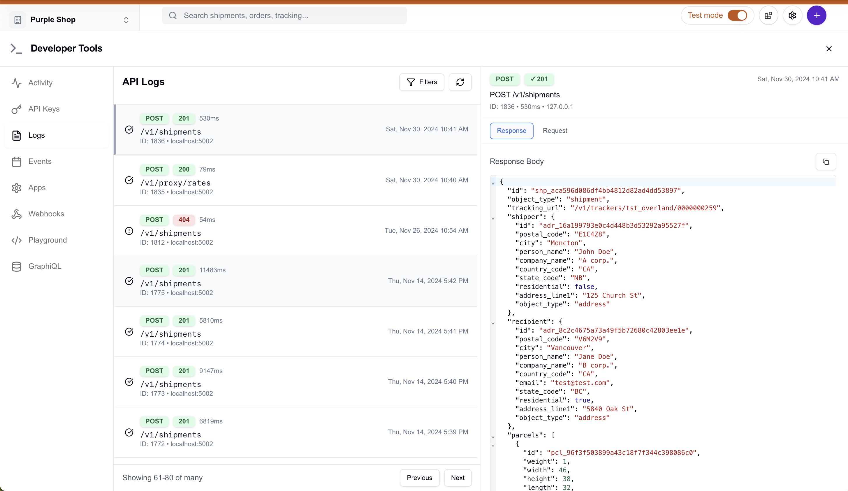 Developer tools dashboard showing API usage statistics and navigation menu