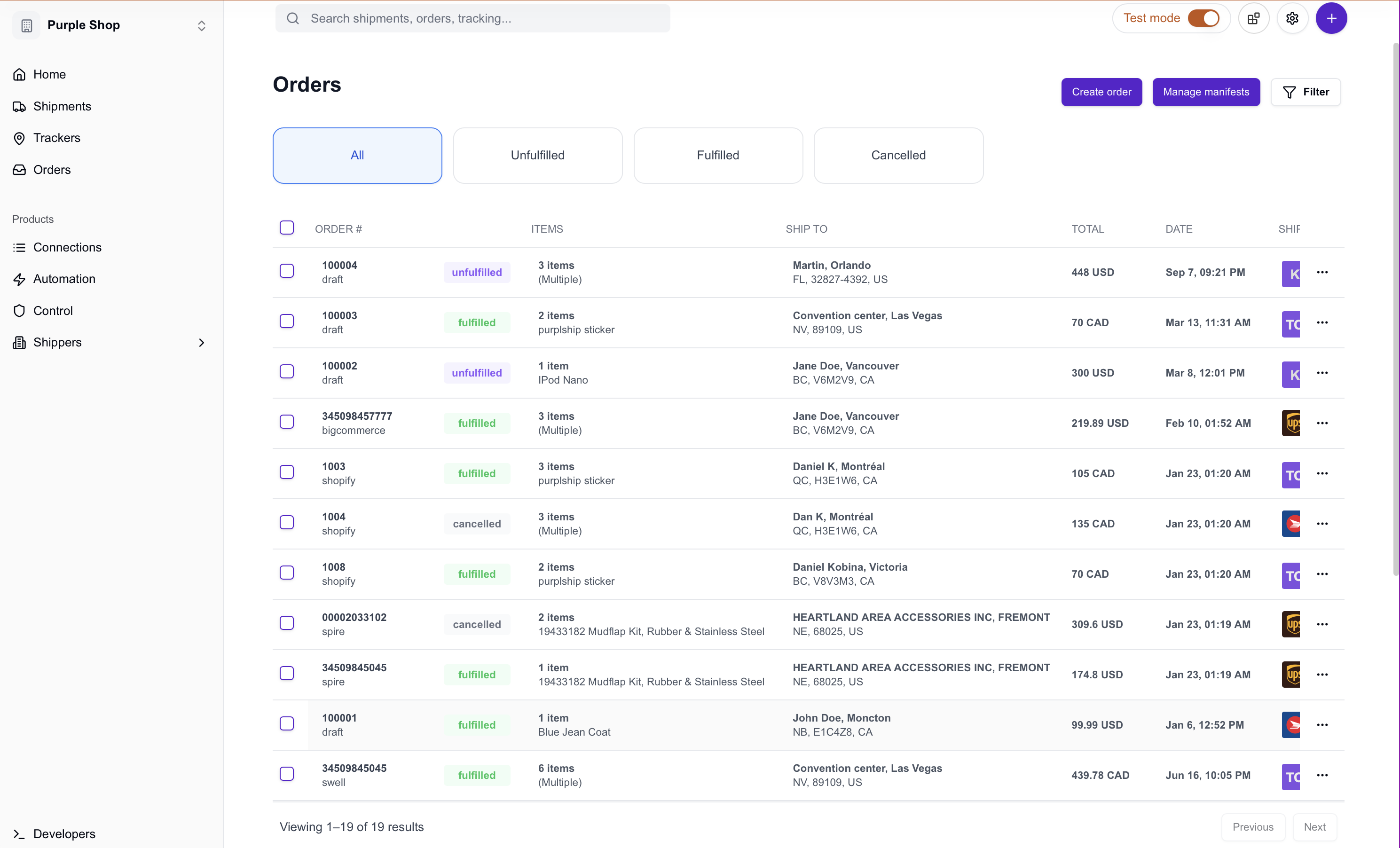 Orders dashboard showing order list with status, items, and fulfillment options
